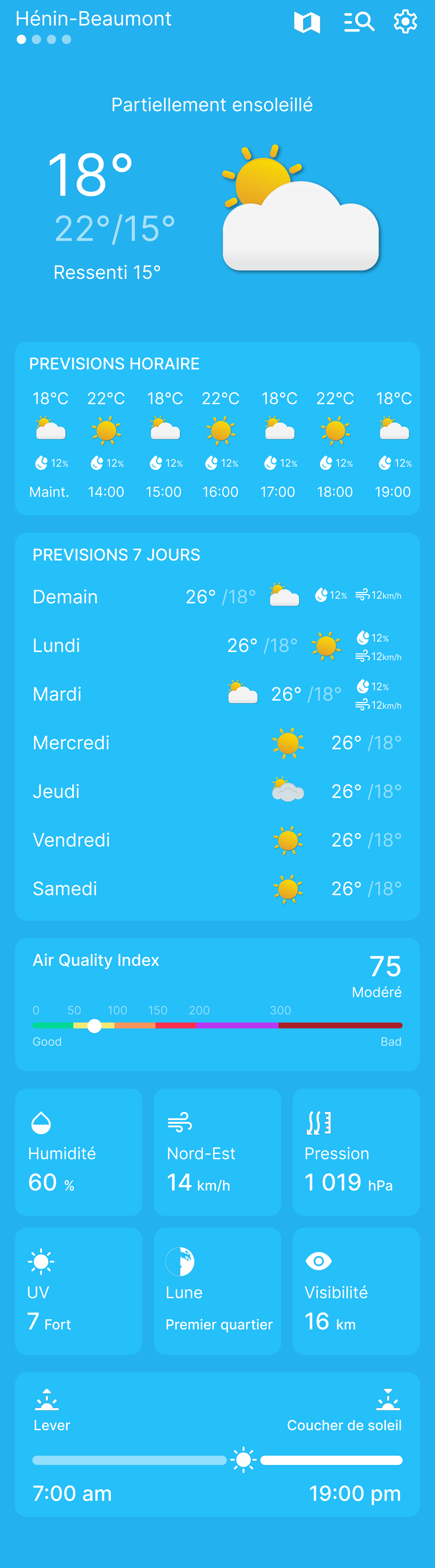 Main screen of the Météo app with hourly forecasts, 7-day forecasts and weather metrics