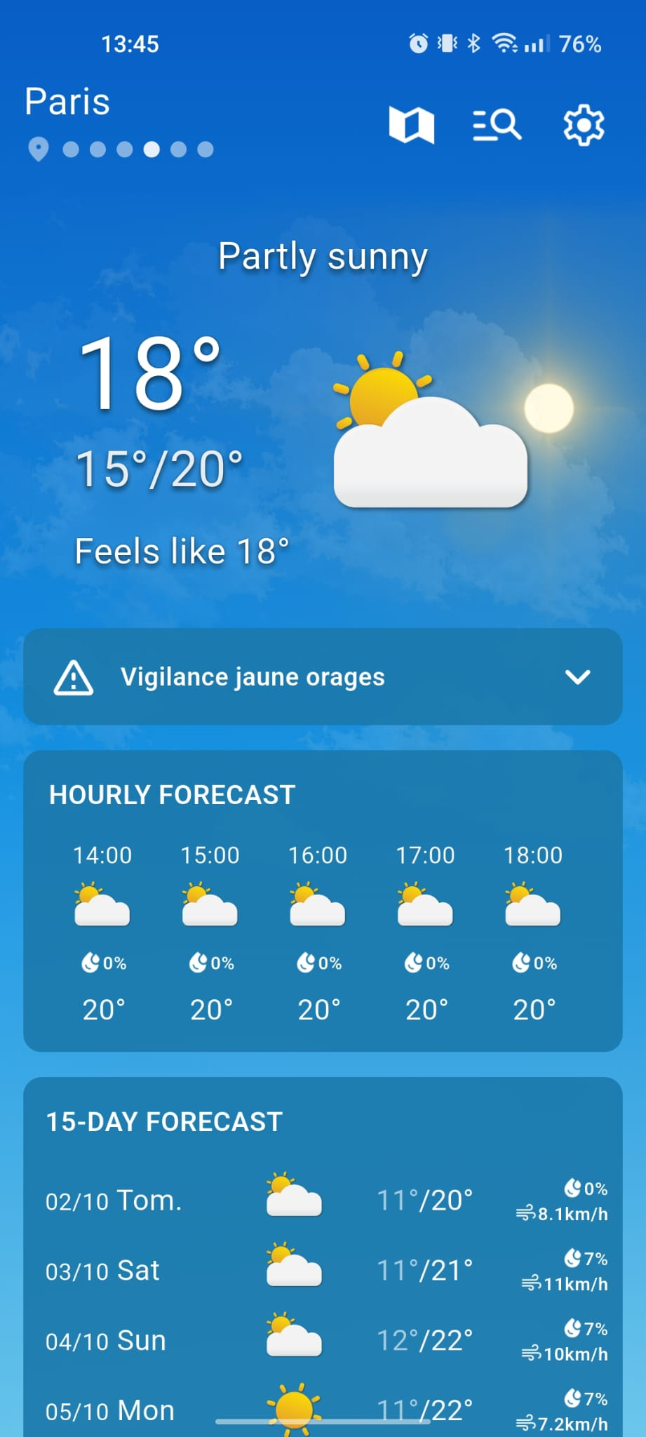 Hauptbildschirm der Météo-App mit stündlichen und täglichen Vorhersagen und Wetterdaten